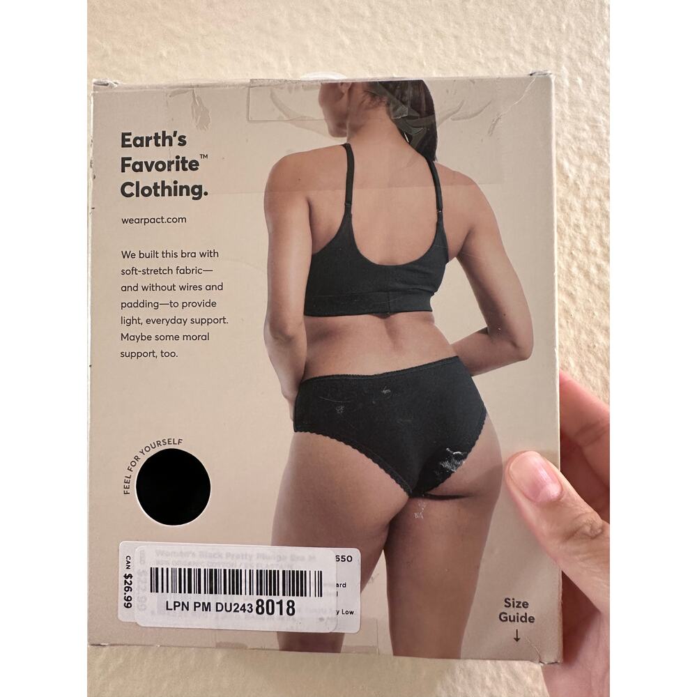 NWT Pact Sz M Black Organic Cotton Pretty Plunge Lace Trim Wireless Bralette - Picture 4 of 9